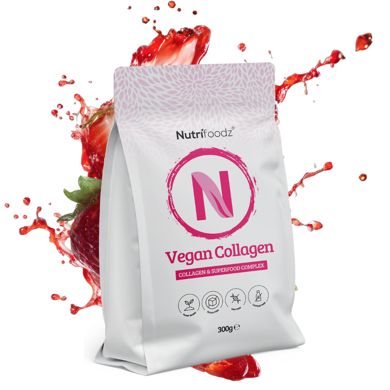 Zak Nutrifoodz Vegan Collagen met een spatten van aardbeiensap