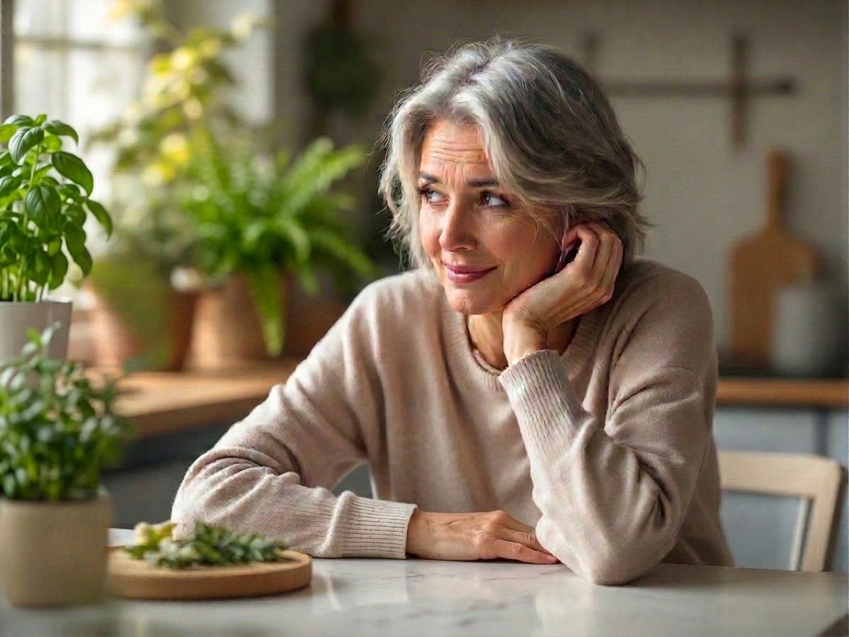 Vrouw aan de keukentafel, denkend over wat bij haar past